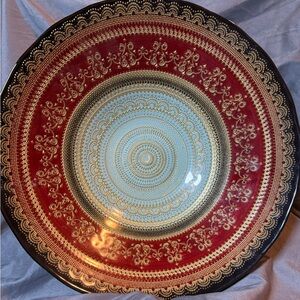 TURKISH Glass Hand Painted Bowl Red, Green, Black, Gold, Oriental Lace Pattern